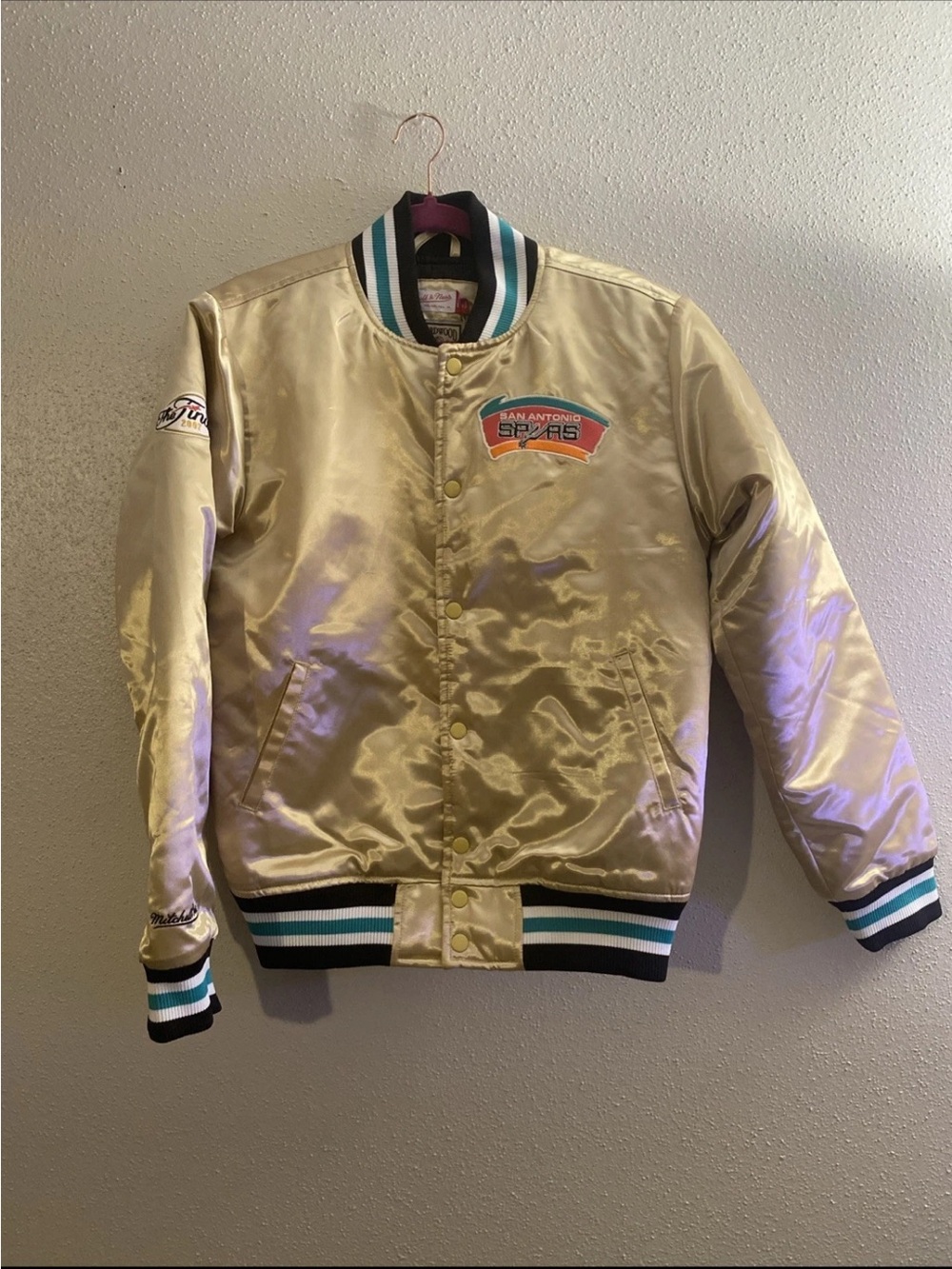 Mitchell & Ness Champagne Satin Varsity Bomber Jacket